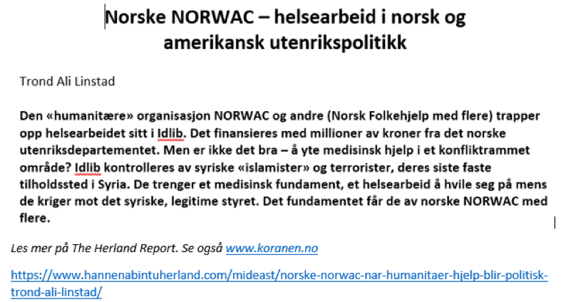 Norsk medisinsk helsearbeid i Syria betalt av det norske utenriksdepartementet har politisk:militære formål 2